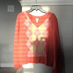 Bass Peach, White, and Green Argyle Lambskin Sweater Size XL